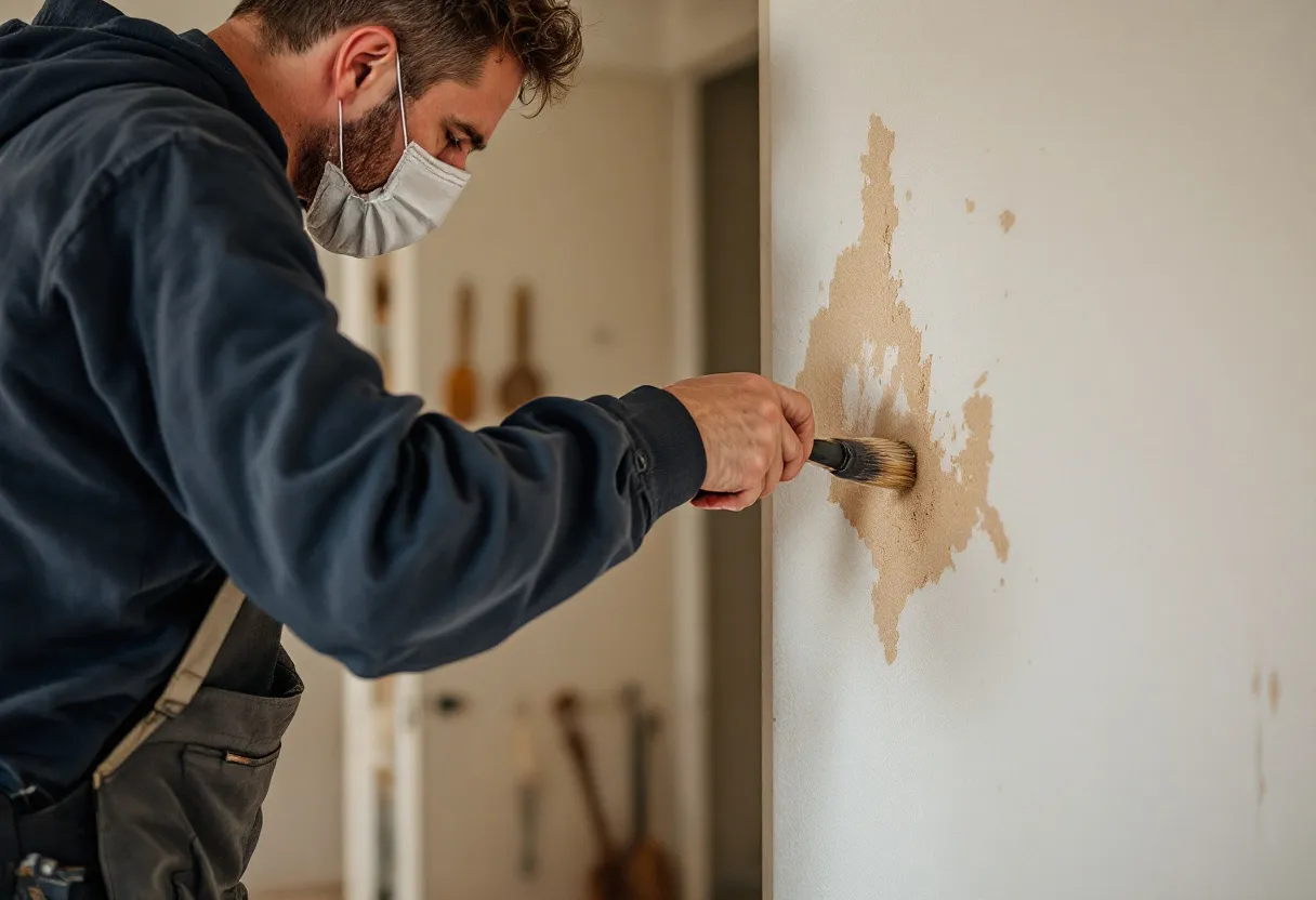 Een professionele stukadoor in Vlaanderen strijkt met een spackmes een gladde afwerkingslaag op een pas bepleisterde muur in een lichte woonkamer.