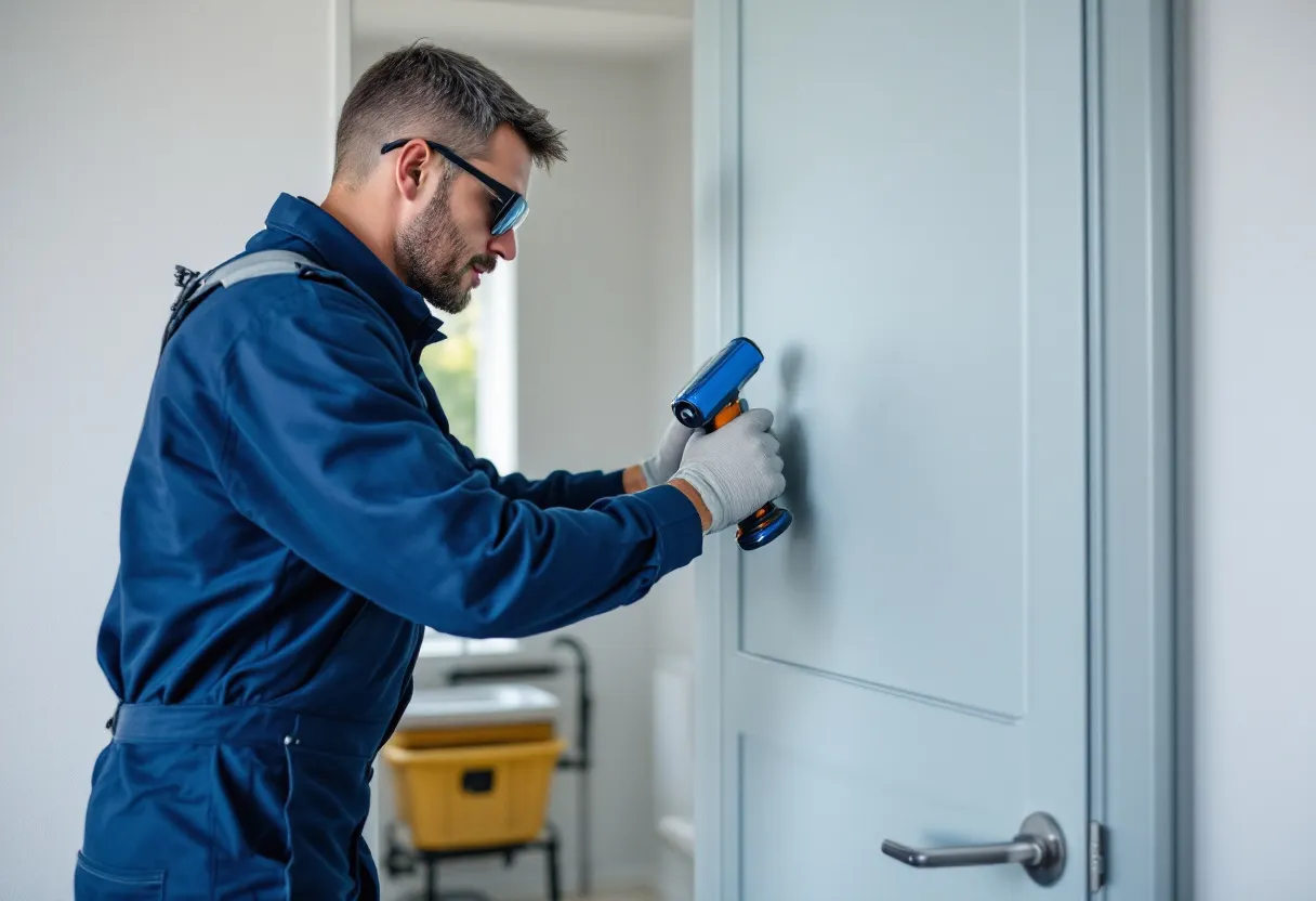 Een ervaren stukadoor in donkerblauwe overall en veiligheidsbril brengt met een strakke beweging een egale laag kalkpleister aan op een ruwe bakstenen muur in een lichte, moderne Vlaamse woning, met een rolsteiger en gereedschap op de achtergrond.