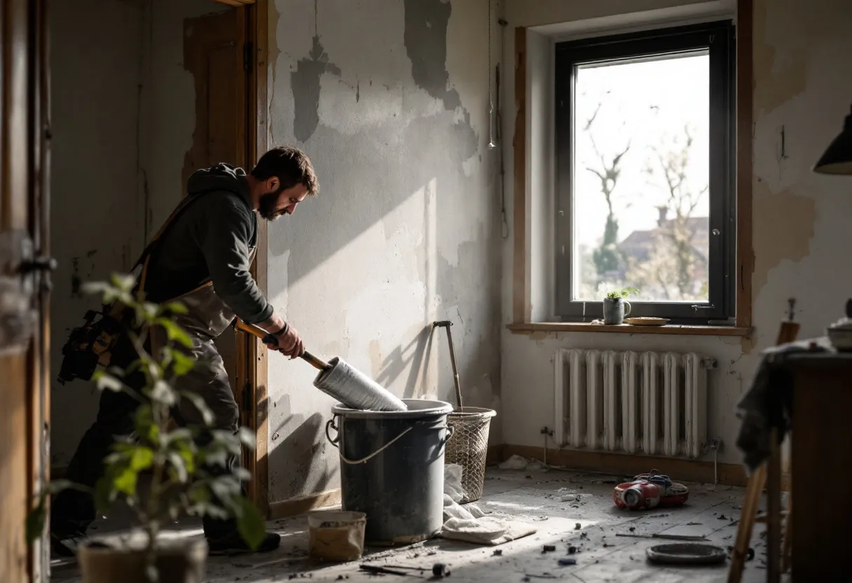 Een ervaren stukadoor werkt zorgvuldig een grijze pleisterlaag af op een binnenmuur in een helder verlichte woonkamer in Vlaams-Brabant.