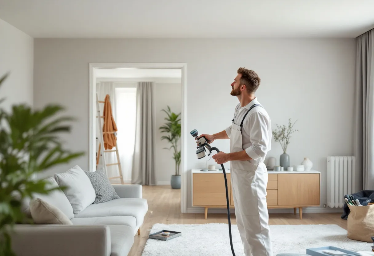 Een ervaren stukadoor in witte overall brengt met een airless spuitpistool spuitwerk aan op een plafond in een lichte Vlaamse woonkamer, terwijl meubels zorgvuldig zijn afgedekt.
