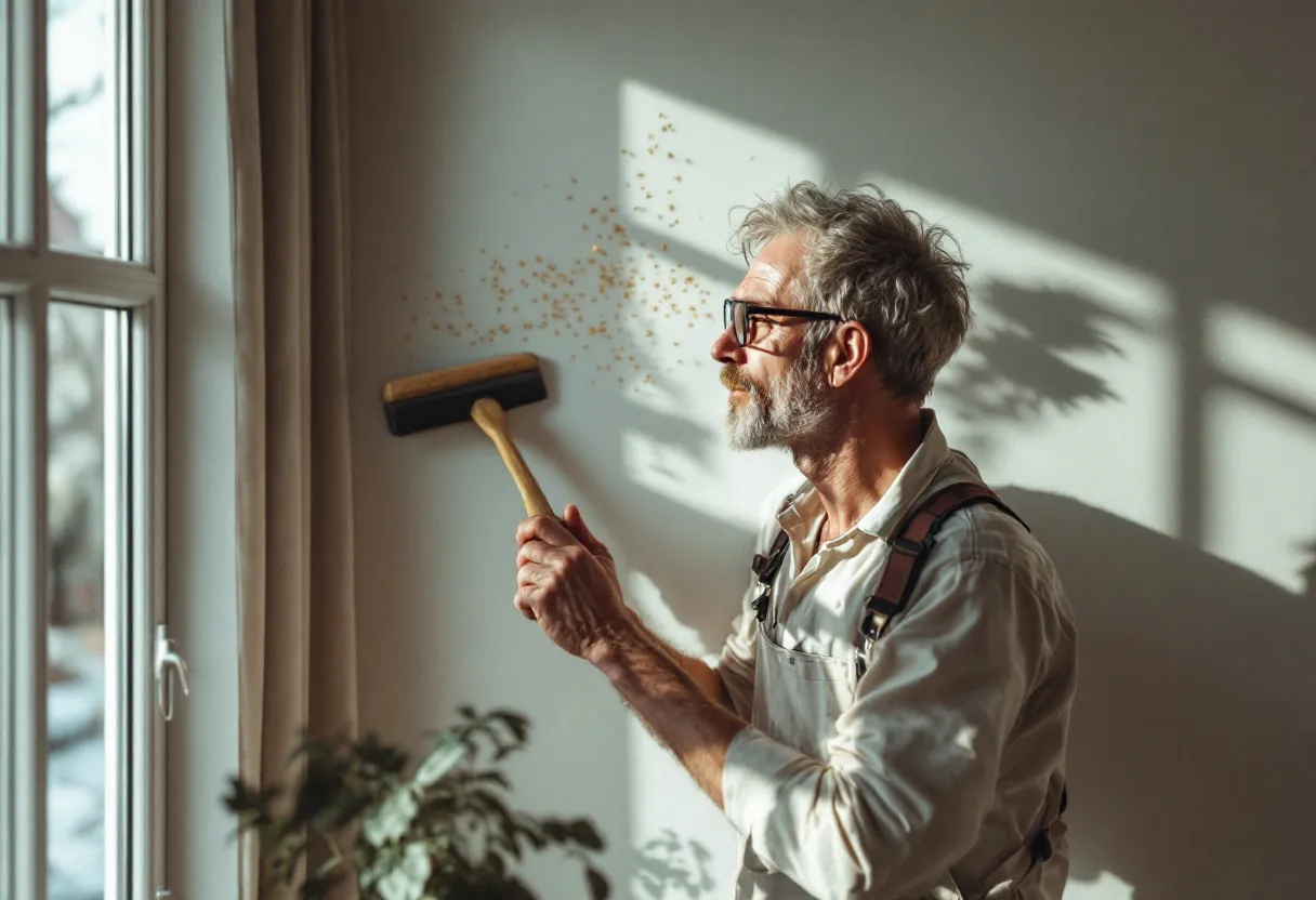 Een ervaren stukadoor in een witte overall strijkt met een spaan een strakke pleisterlaag op een muur in een lichte, moderne woning in Antwerpen, terwijl stofdeeltjes in het zonlicht zweven.