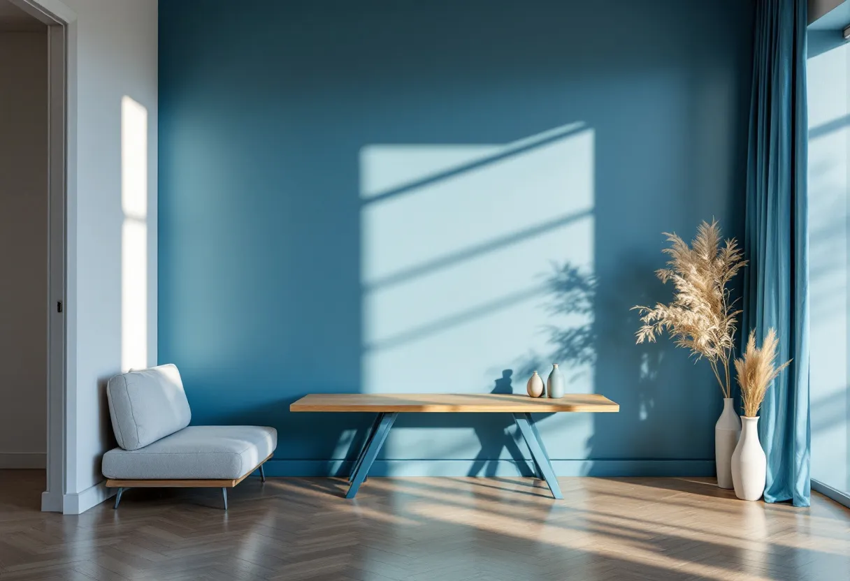 Een strakke, minimalistische woonkamer met een brede wand in diepblauwe Venetiaanse pleister, zacht glanzend onder het invallende daglicht, met een linnen bank en een houten salontafel ervoor.