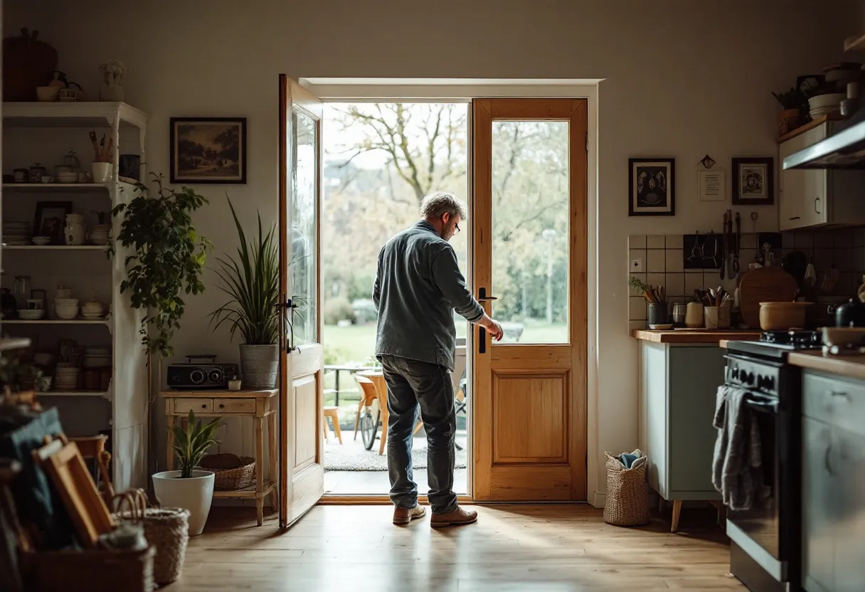 Een ervaren stukadoor in werktenue brengt met een spaan een gladde pleisterlaag aan op een binnenmuur in een lichte, deels gerenoveerde Vlaamse woning.