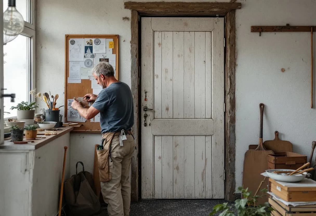 Een ervaren stukadoor strijkt vakkundig glad pleisterwerk op een muur in een lichte Vlaamse woning met een troffel en rei.