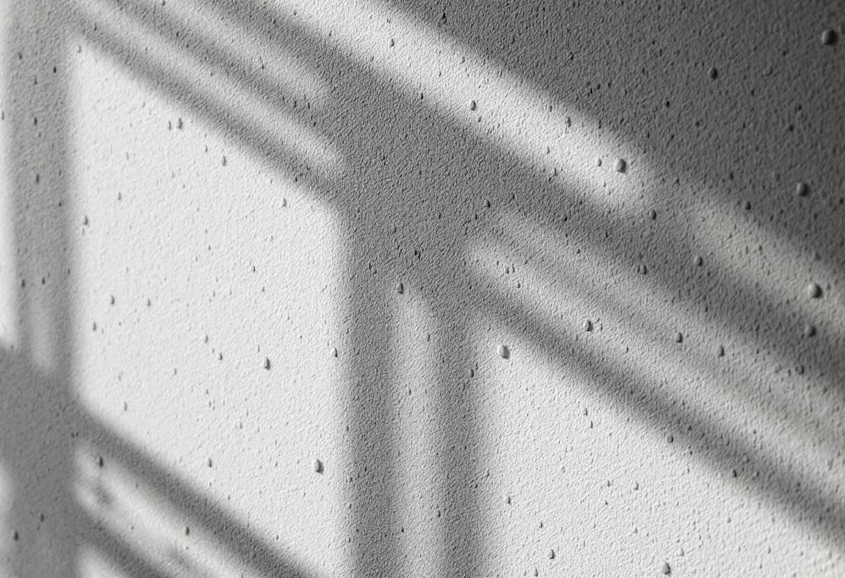 Een close-up van een muur met een vers aangebrachte spachtelputz textuur, waarbij het zonlicht de korrelstructuur benadrukt in een modern Vlaams interieur.
