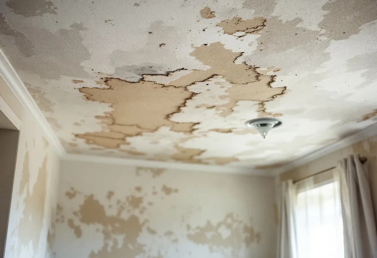 Een fotorealistische afbeelding van een plafond met beschadigd stucwerk, waarop een stukadoor met een plamuurmes de schade herstelt in een lichte woonkamer in Vlaanderen.