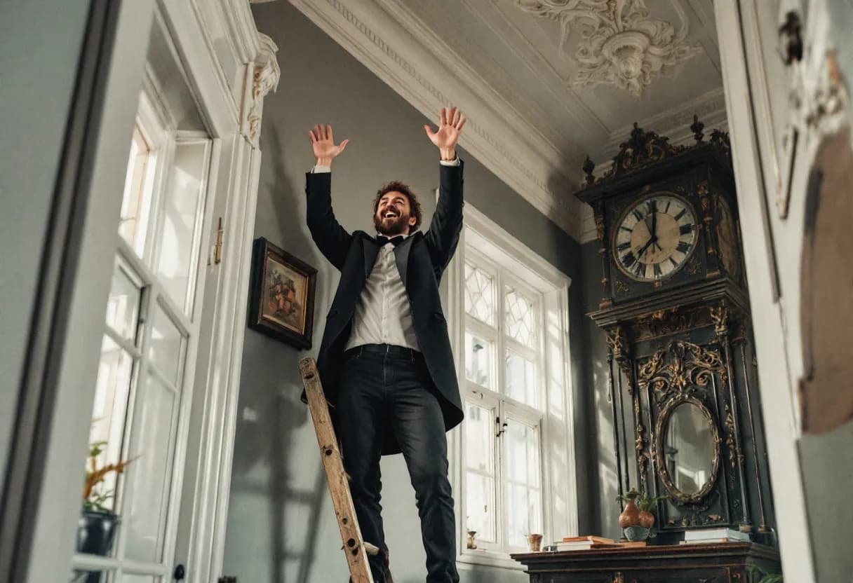 Een vriendelijke stukadoor in een stofjas staat op een ladder en brengt een gladde pleisterlaag aan op een hoog plafond in een gerenoveerd herenhuis in Gent, met originele ornamenten en zacht invallend ochtendlicht.