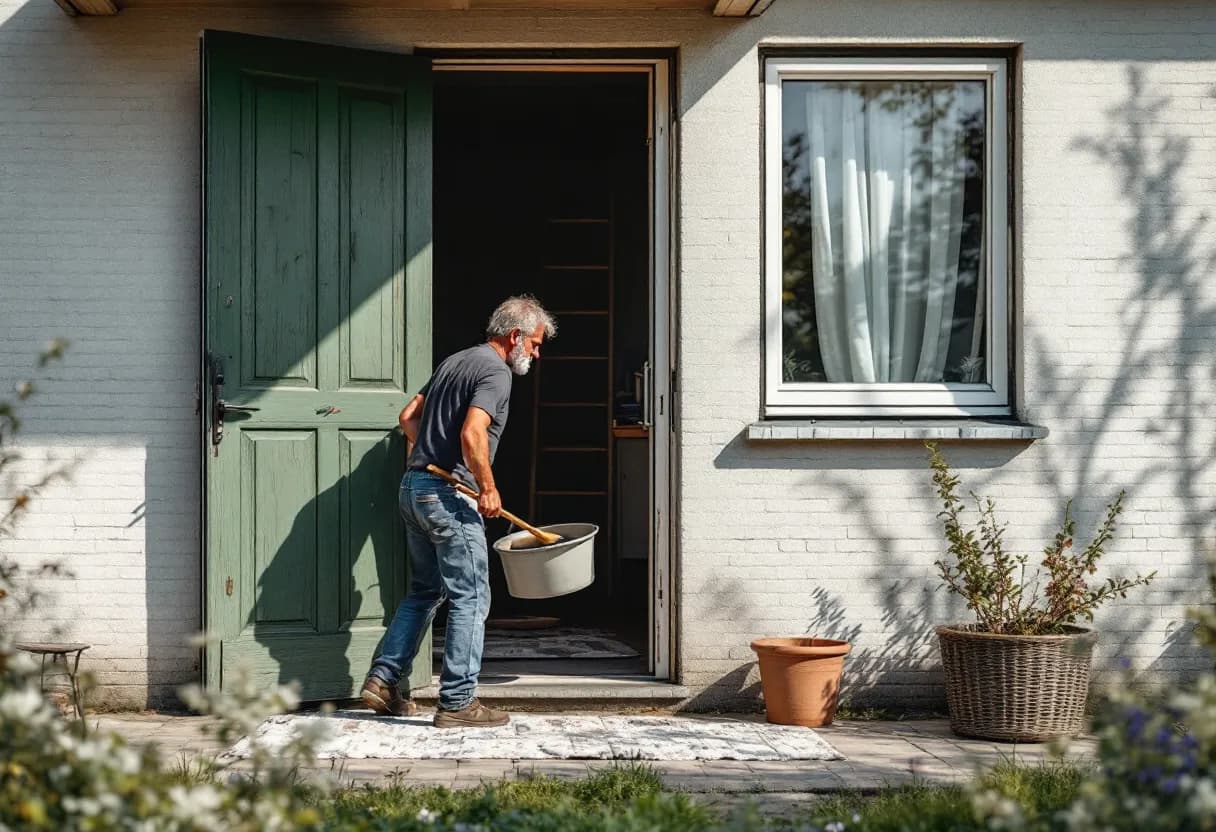Een ervaren stukadoor brengt met een spaan een egale laag minerale buitenpleister aan op een bakstenen gevel van een Vlaamse rijwoning, met een ladder en emmers mortel op de stoep.