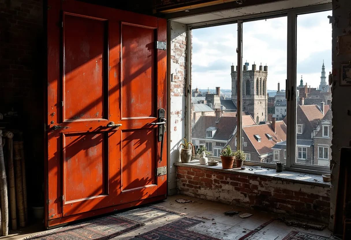 Een vakbekwame stukadoor in Mechelen brengt met een spaan een gladde pleisterlaag aan op een hoge muur in een gerenoveerde loft met uitzicht op de Sint-Romboutstoren.