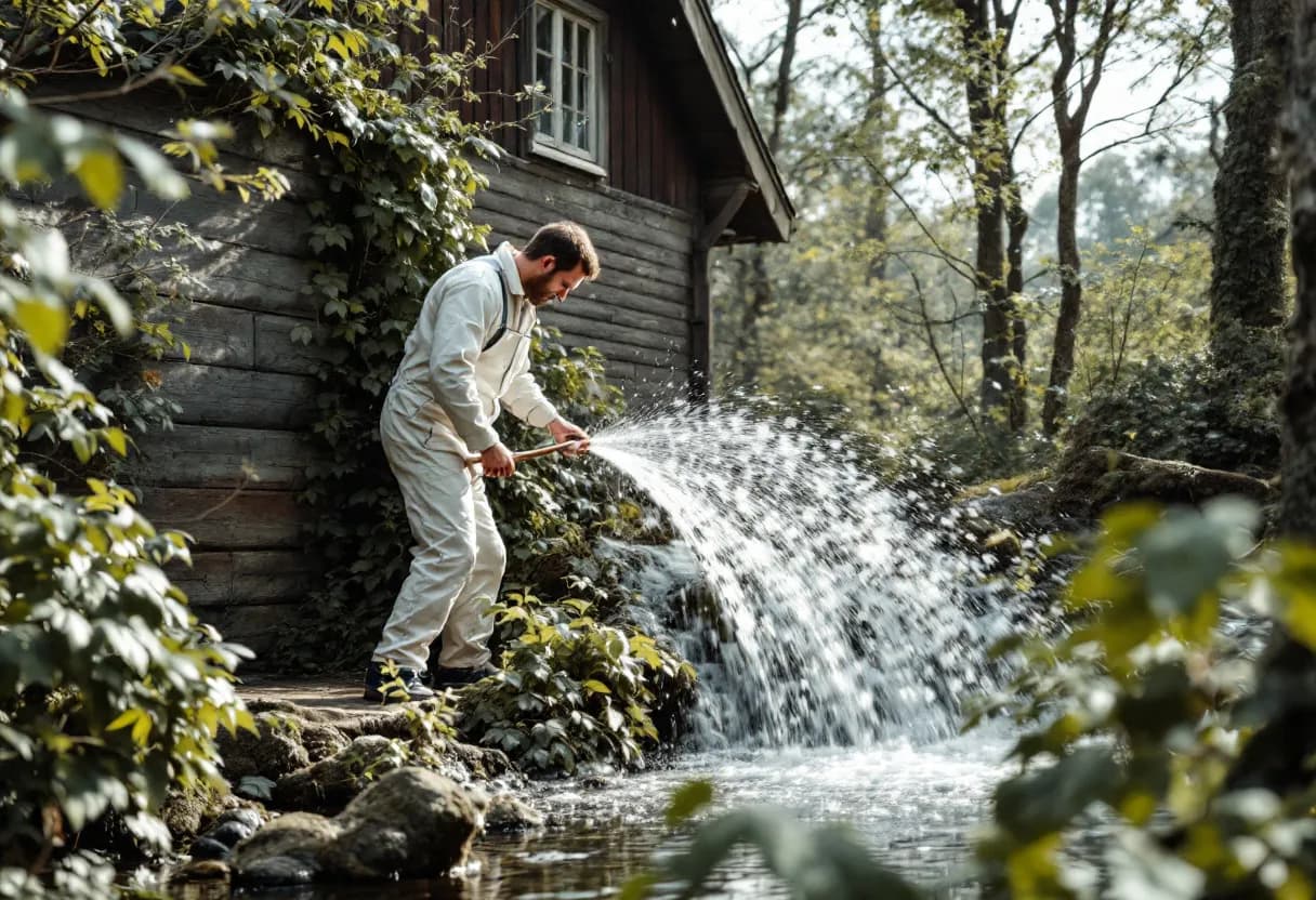 Een vakman in witte overall strijkt met een pleisterspaan een korrelige witte sierpleister op een bakstenen gevel, op een heldere nazomerdag in een Vlaamse tuin.