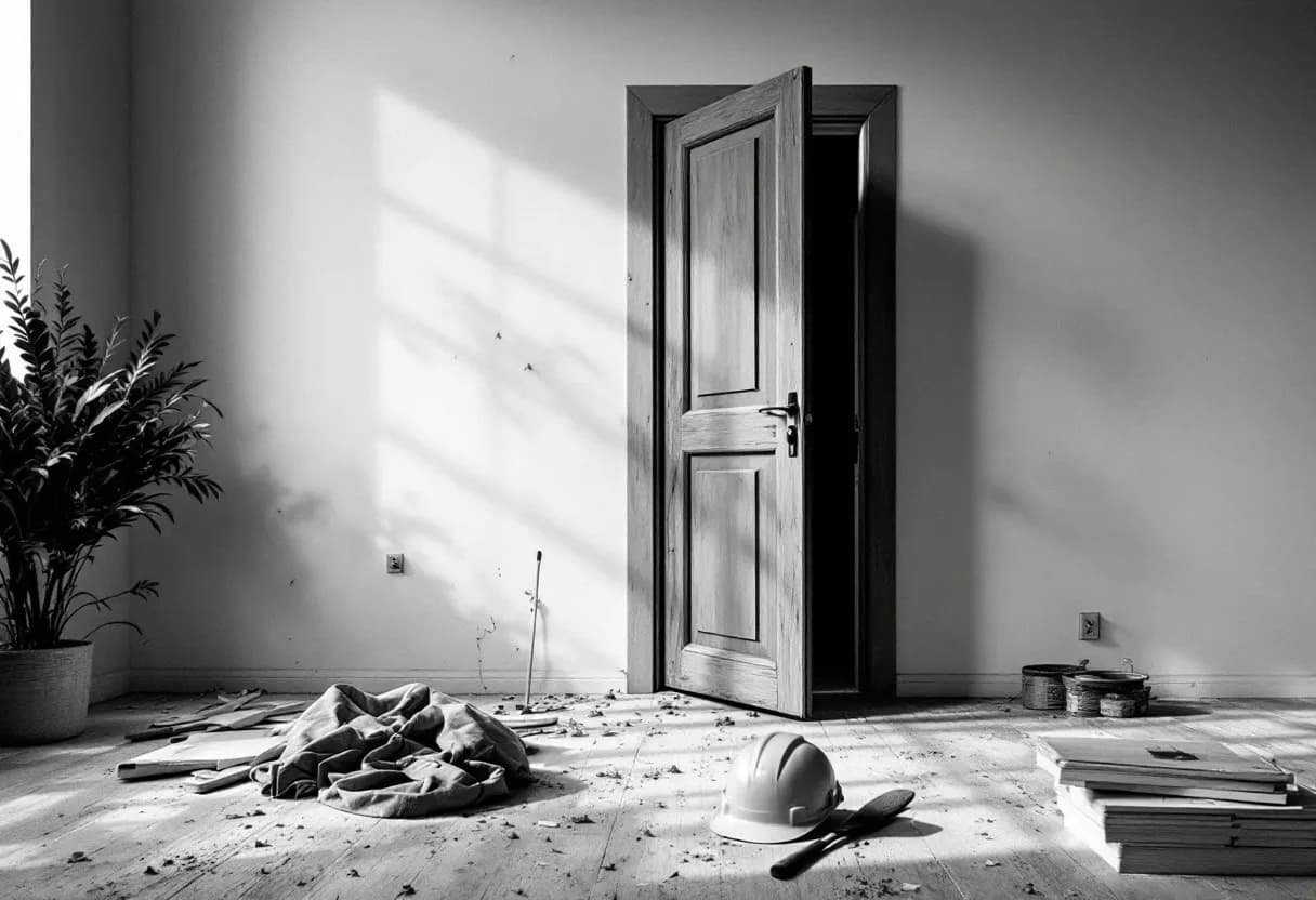 Een stukadoor in Kortrijk strijkt met een spaan een gladde laag gips op een muur in een lichte, open leefruimte; een bouwvakkershelm en stofmasker liggen op de vloer.
