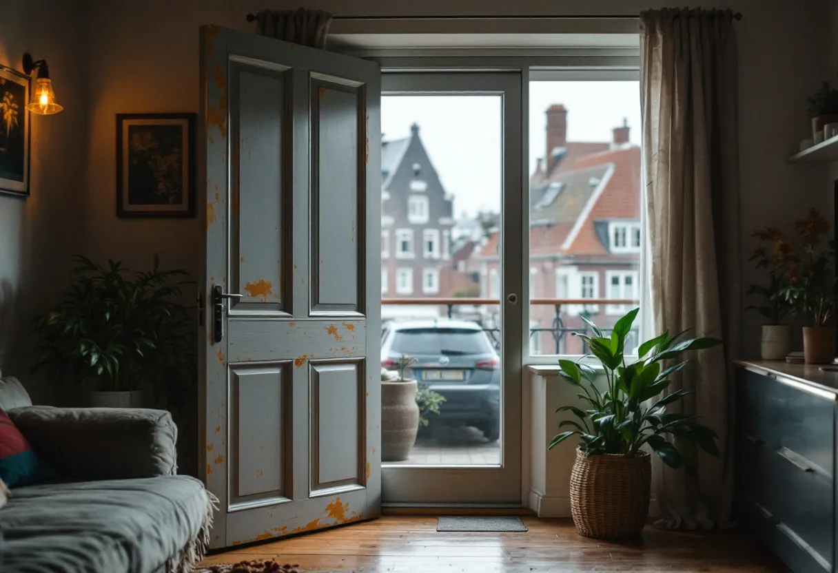 Een ervaren stukadoor in een moderne woonkamer met zicht op de Leuvense stadhuistoren, terwijl hij een muur strak afwerkt met een pleisterspaan.