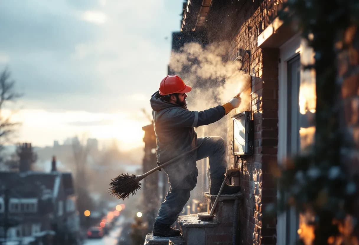 Een professioneel geklede stukadoor brengt isolatiepleister aan op de gevel van een karakteristieke Vlaamse woning, met een troffel in de hand en een emmer mortel aan zijn voeten, terwijl de ochtendzon de bakstenen gevel verlicht.