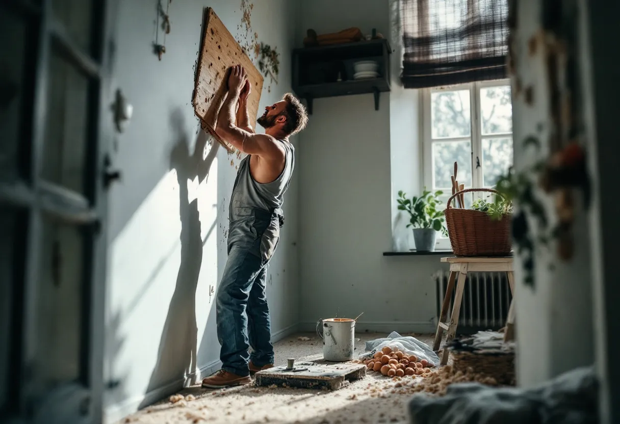 Een vakman brengt met een spaan structuurpleister aan op een muur in een woonkamer, zichtbare korrelstructuur, emmers en gereedschap op de vloer.